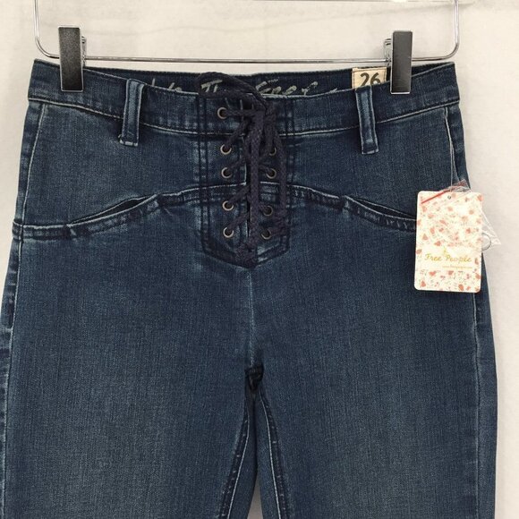 We the Free People Eva lace up boot cut jeans boho Baltic Blue denim new 26 - Picture 3 of 7